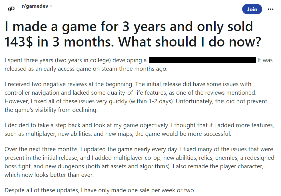 i made a game for 3 years and only sold $143 in 3 months